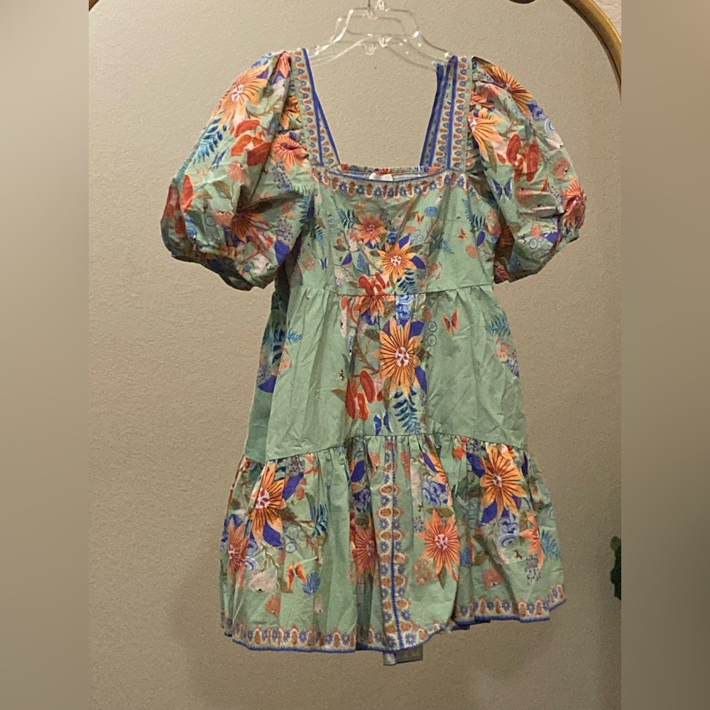 Farm Rio Bright Yard Floral Puff Sleeve Ruffled Tiered Mini Dress Size S - Picture 8 of 13